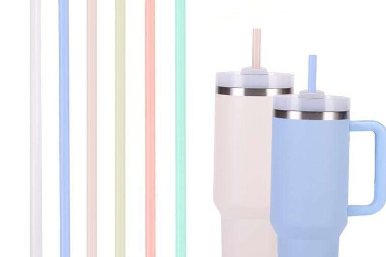 tumblers with colorful plastic straws
